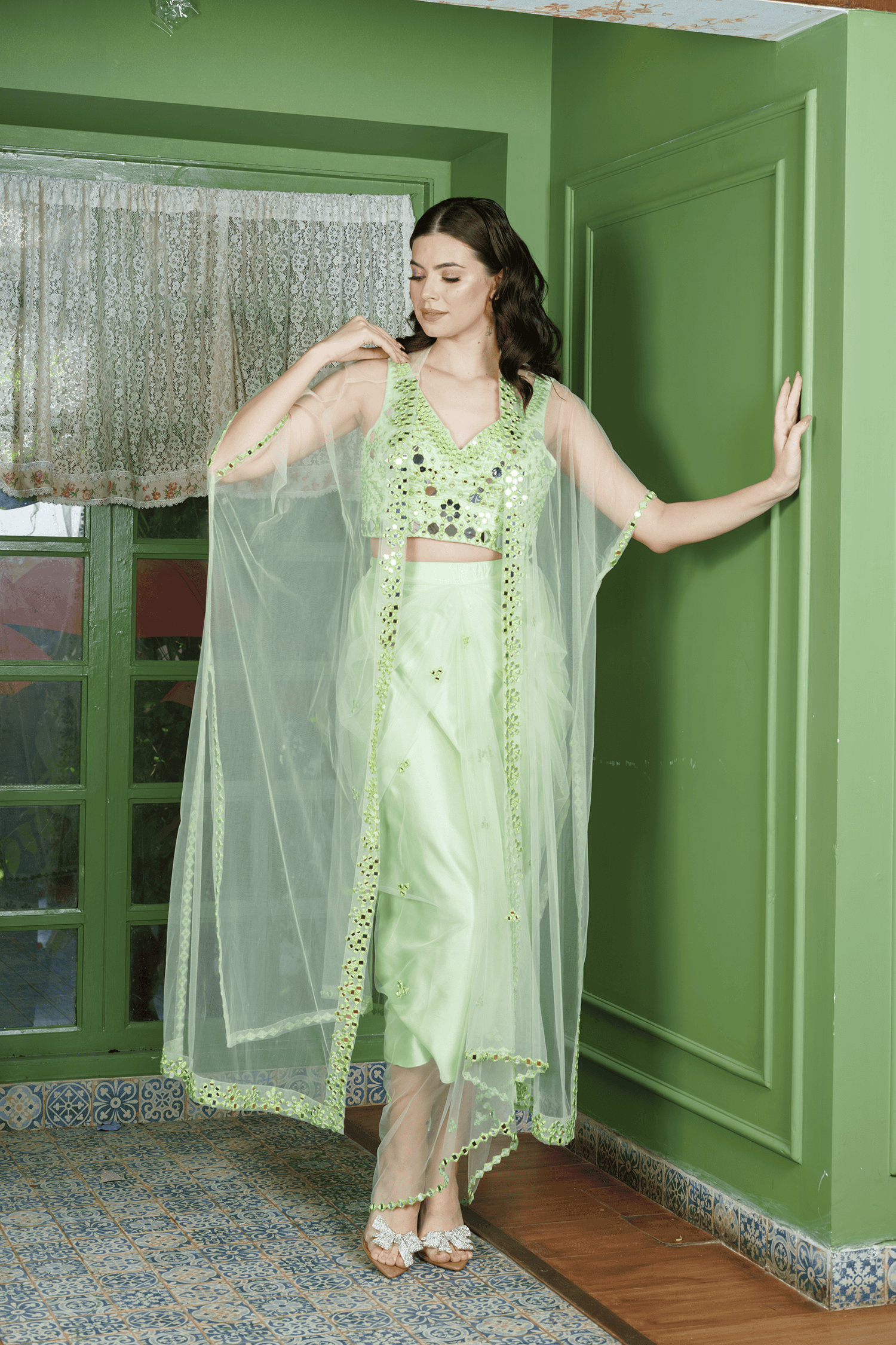 Sheer Sparkle Green Dhoti Set